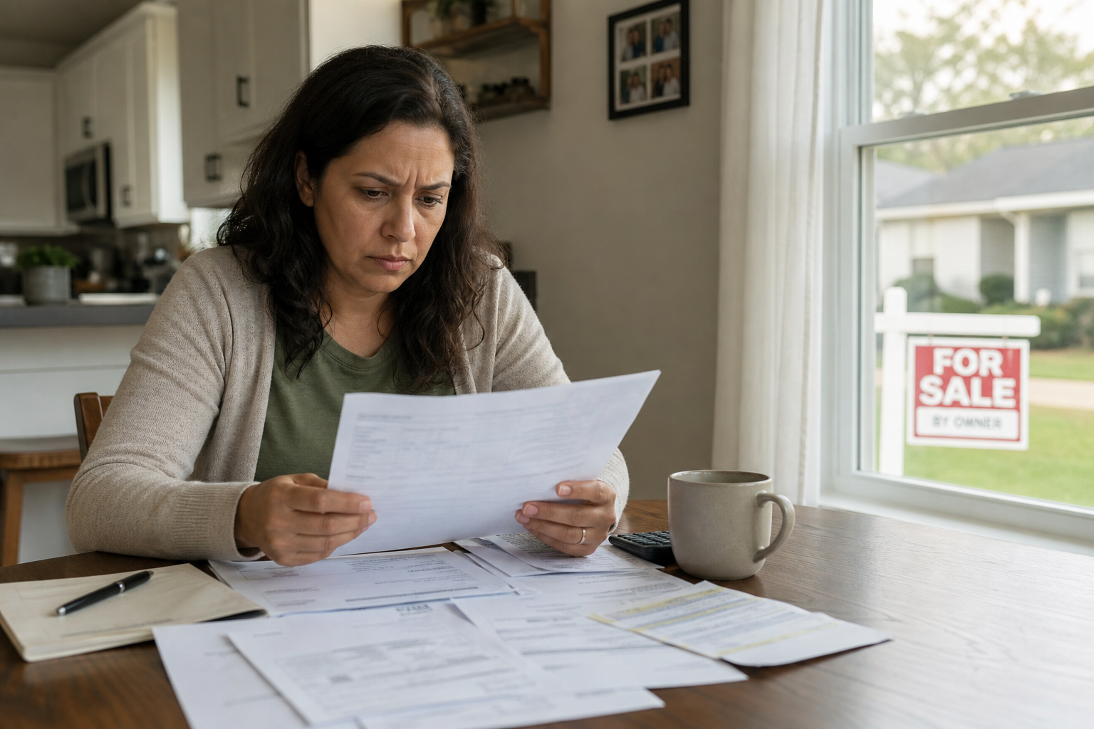 interior of a modest suburban home with a for-sale sign visible through the window, owner sitting at kitchen table reviewing papers with a concerned expression, soft natural light, photorealistic