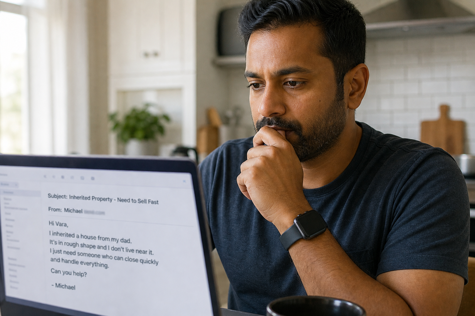 close-up of a person reading an email on a laptop at a kitchen table, thoughtful expression, morning light, realistic home setting