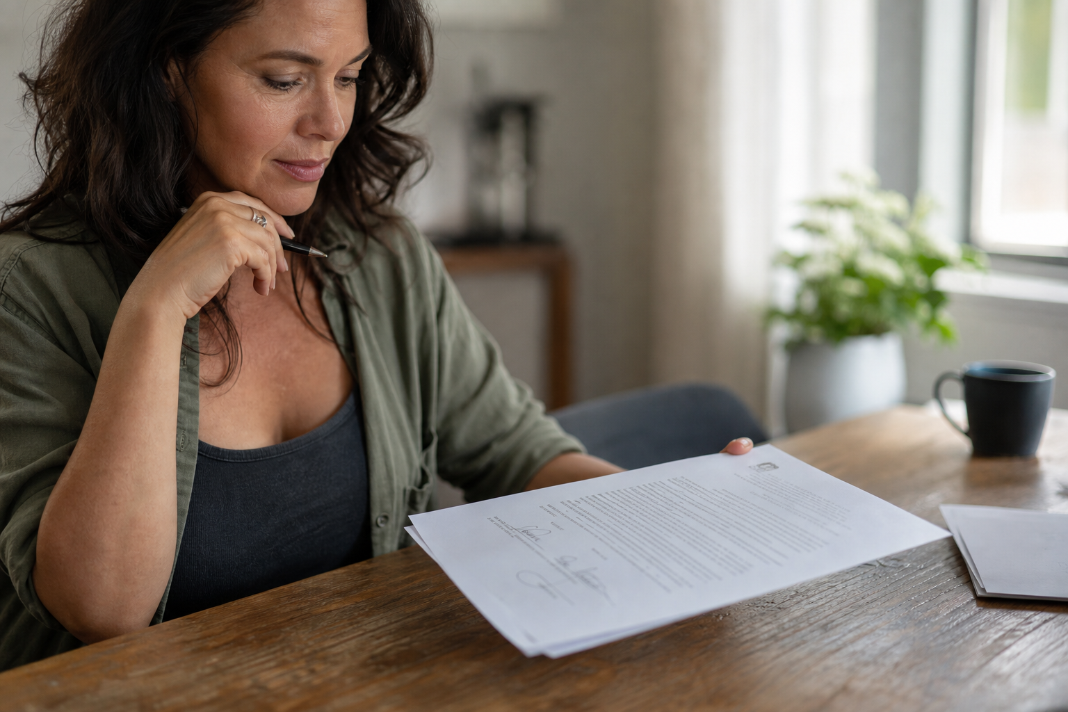 photorealistic close-up of a homeowner holding a signed purchase agreement at a wooden table, soft window light, shallow depth of field, no text