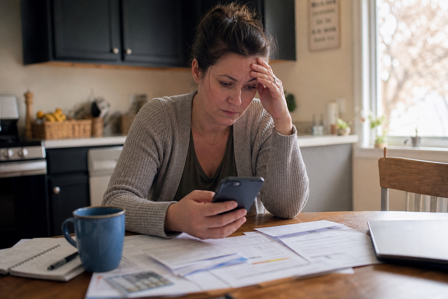 realistic scene of a homeowner sitting at a kitchen table with paperwork and a phone, soft morning light, modest home interior, emotional but not dramatic