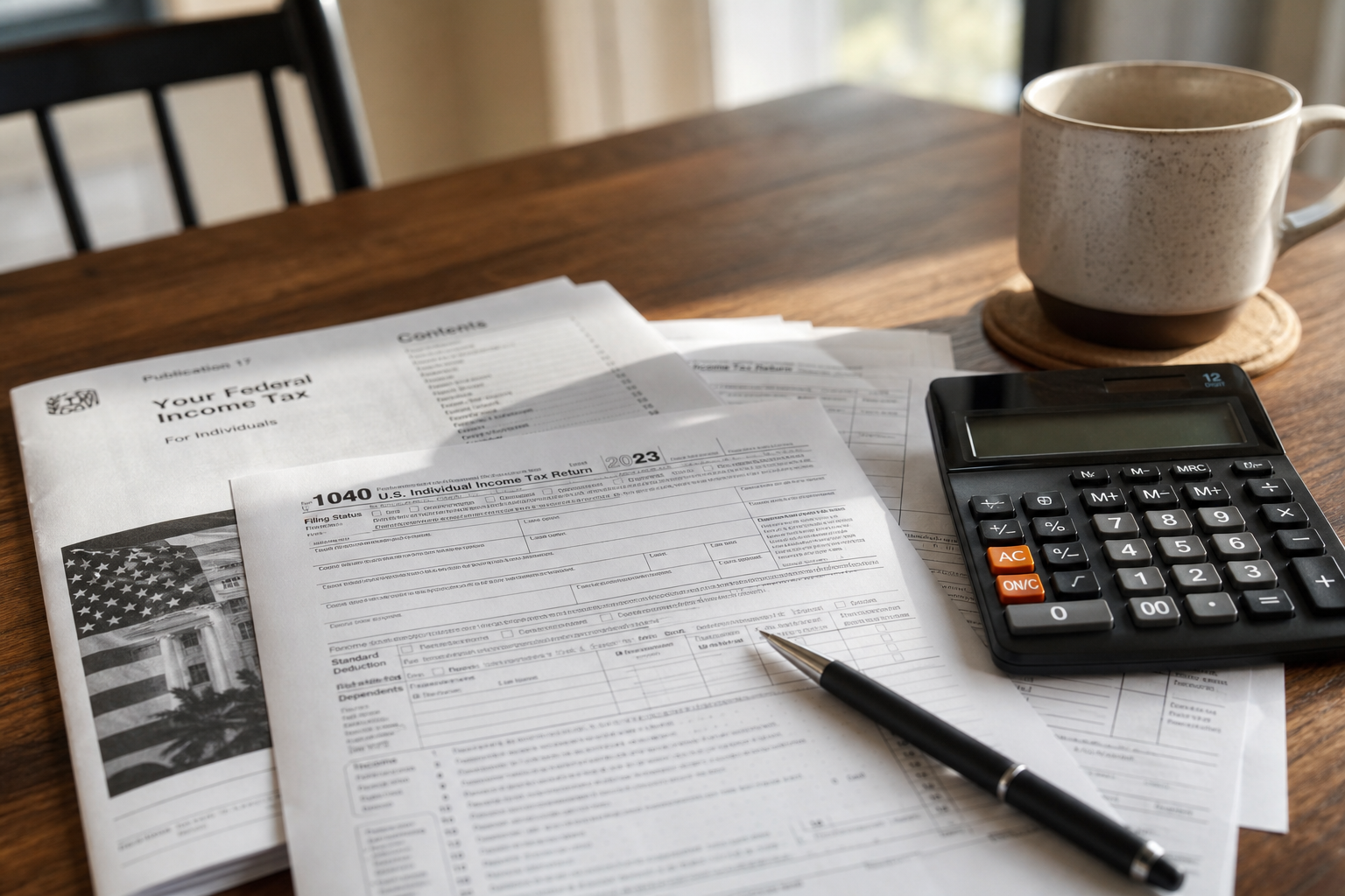 close-up of printed tax documents and a calculator on a wooden table, natural window light, coffee mug nearby, realistic and unstyled