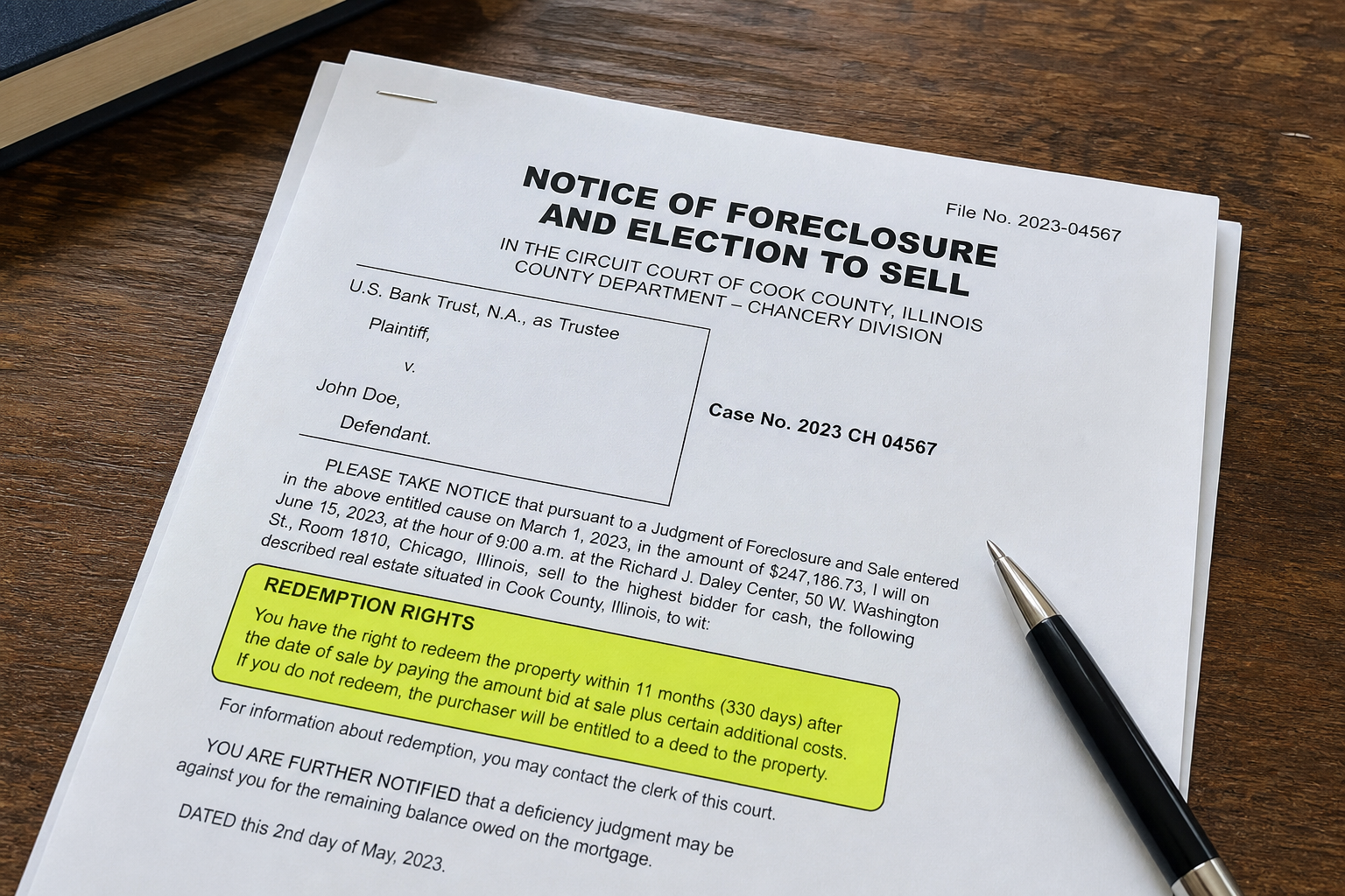 photorealistic close-up of official foreclosure paperwork on a wooden table with a highlighted section labeled redemption rights, natural daylight, realistic textures