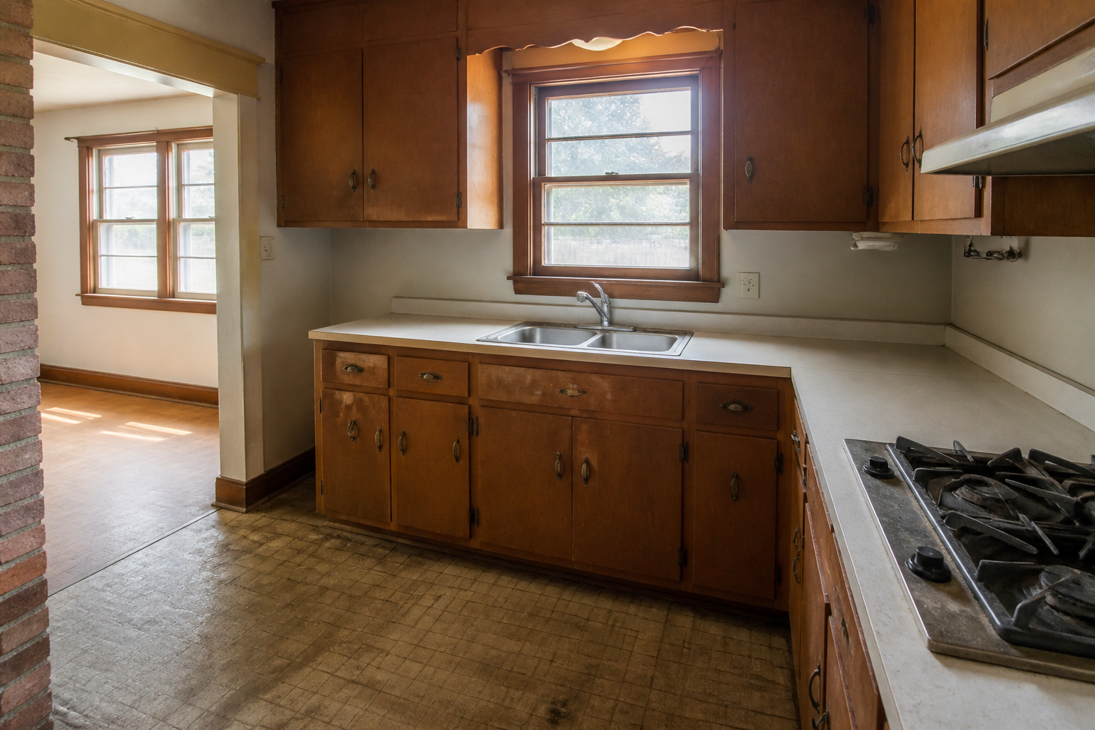 photorealistic interior of an older home showing worn kitchen cabinets and dated fixtures, natural daylight, realistic textures, no text or logos