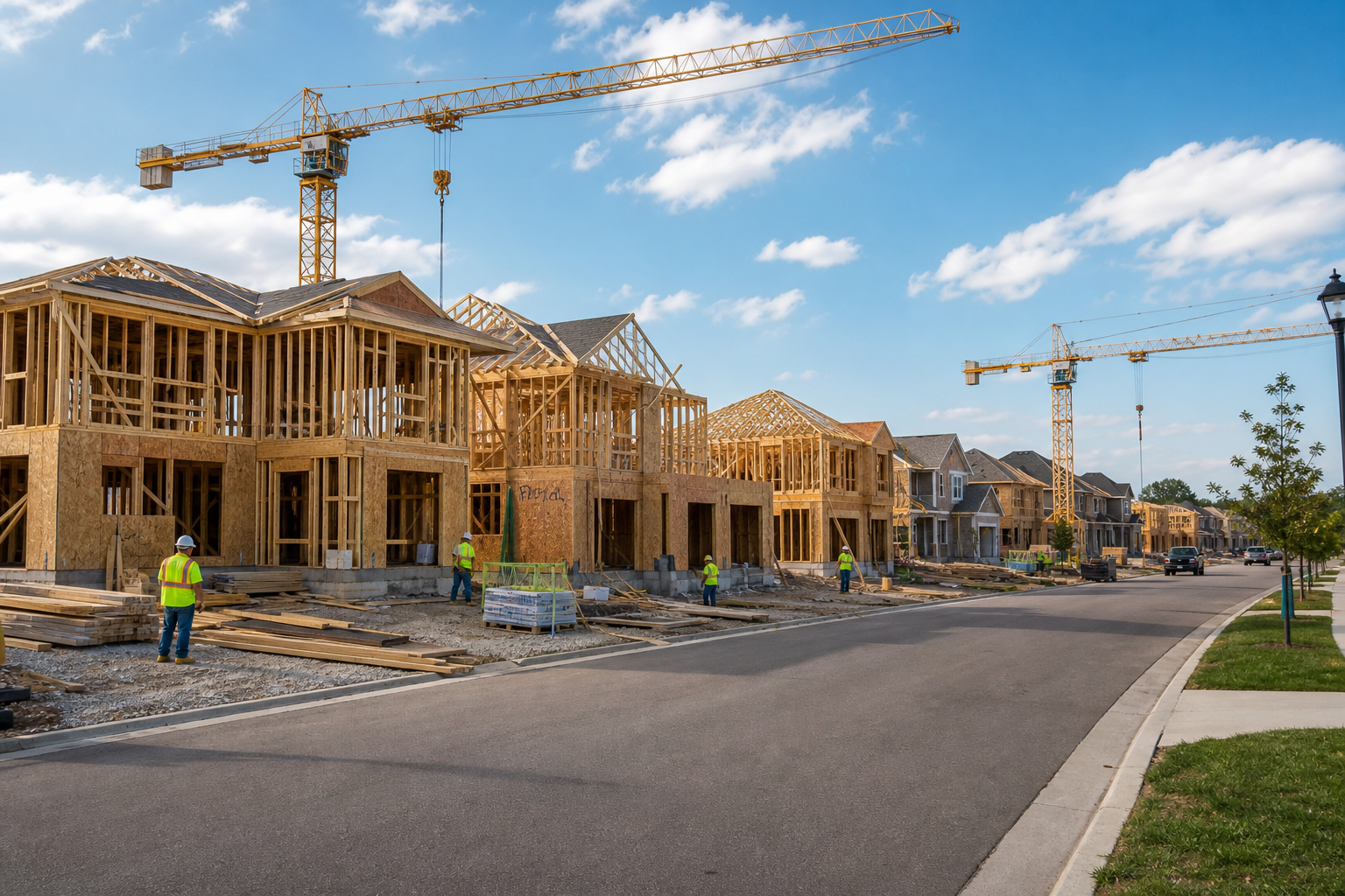 construction workers and cranes building new residential homes in a growing suburban area, bright daylight, clean streets, sense of expansion and economic growth, photorealistic