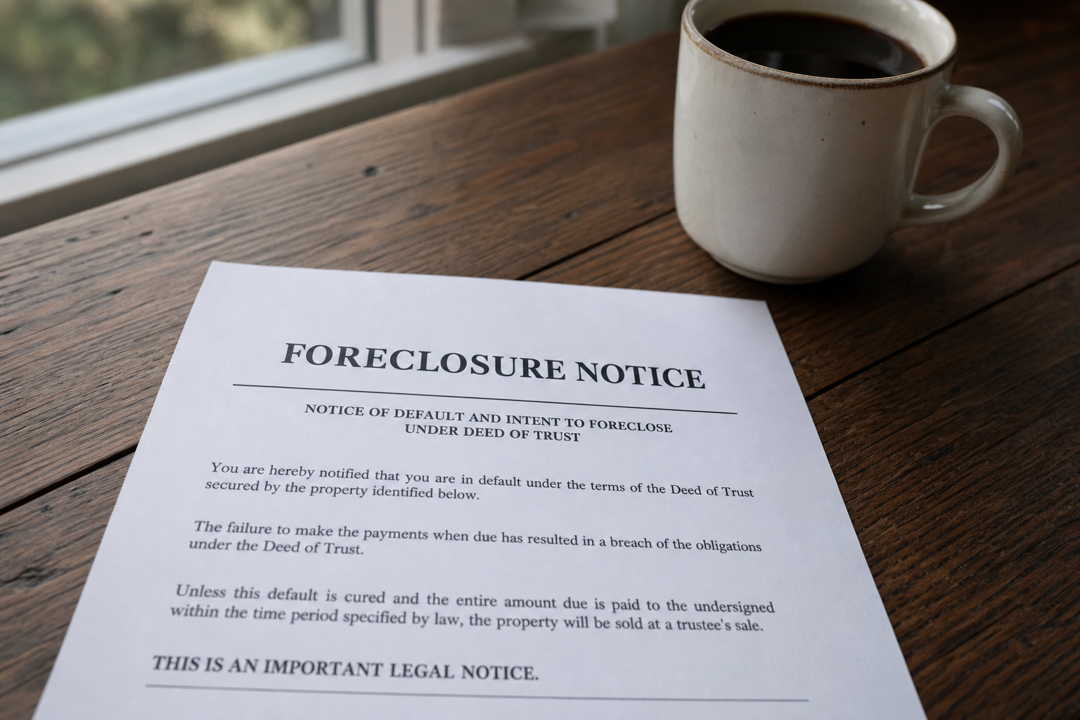 close-up of a formal foreclosure notice letter on a wooden table next to a coffee mug, natural window light, realistic paper texture, no visible personal details