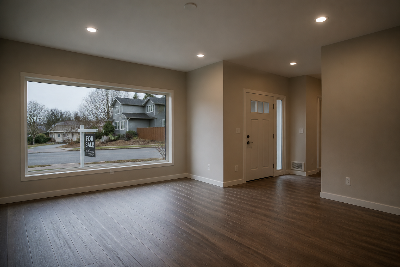 empty open house scene with lights on but no visitors, real estate sign outside visible through window, quiet suburban street, overcast lighting, photorealistic mood