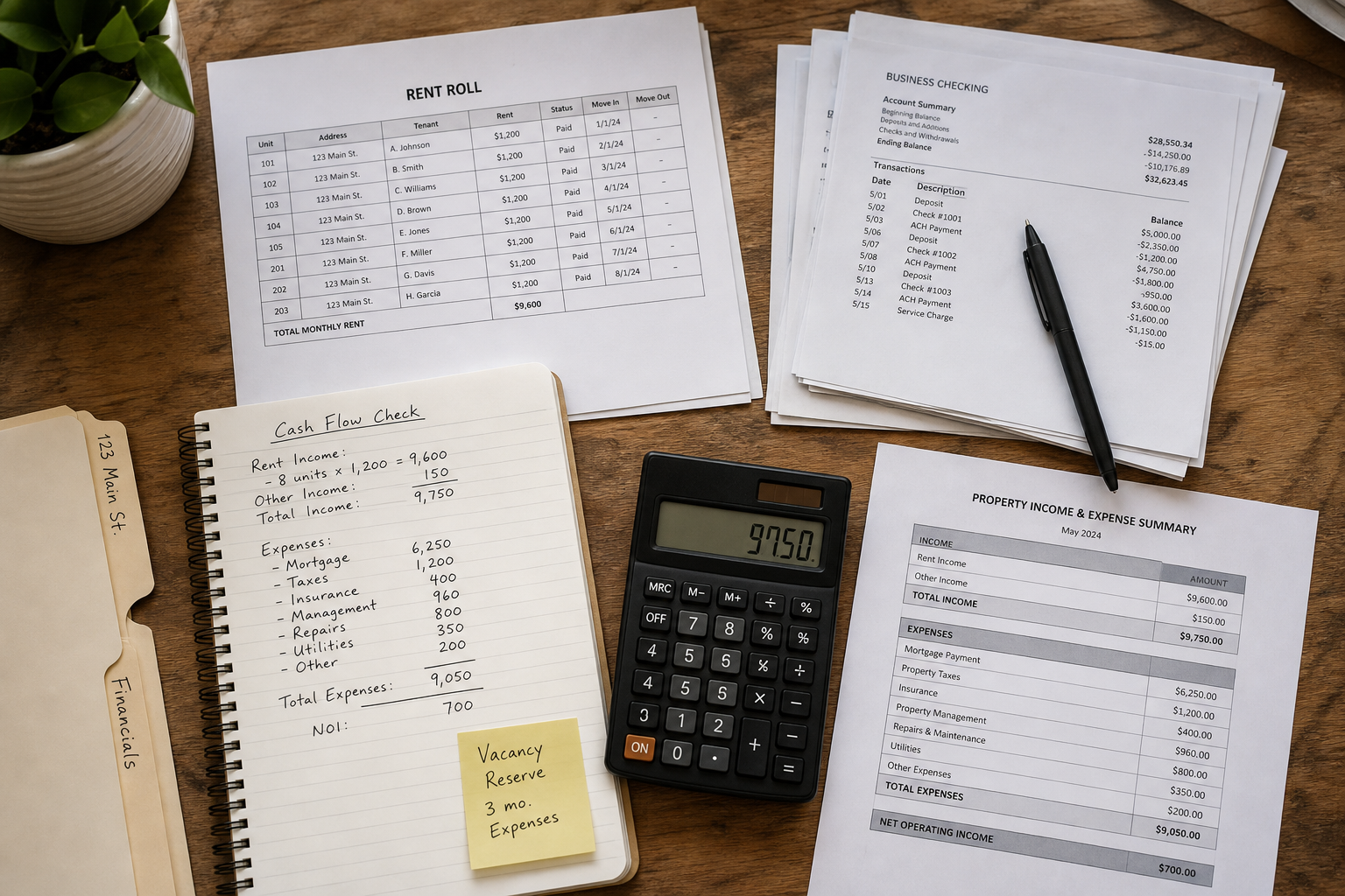 overhead shot of organized financial documents, rent roll spreadsheet, calculator, and bank statements on a wooden desk, natural light