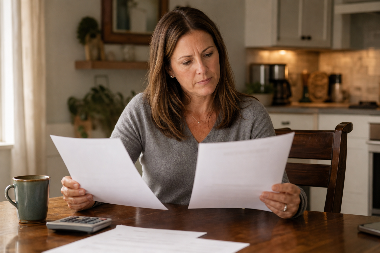 photorealistic scene of a homeowner comparing two printed offers at a table, thoughtful expression, warm indoor lighting, no text