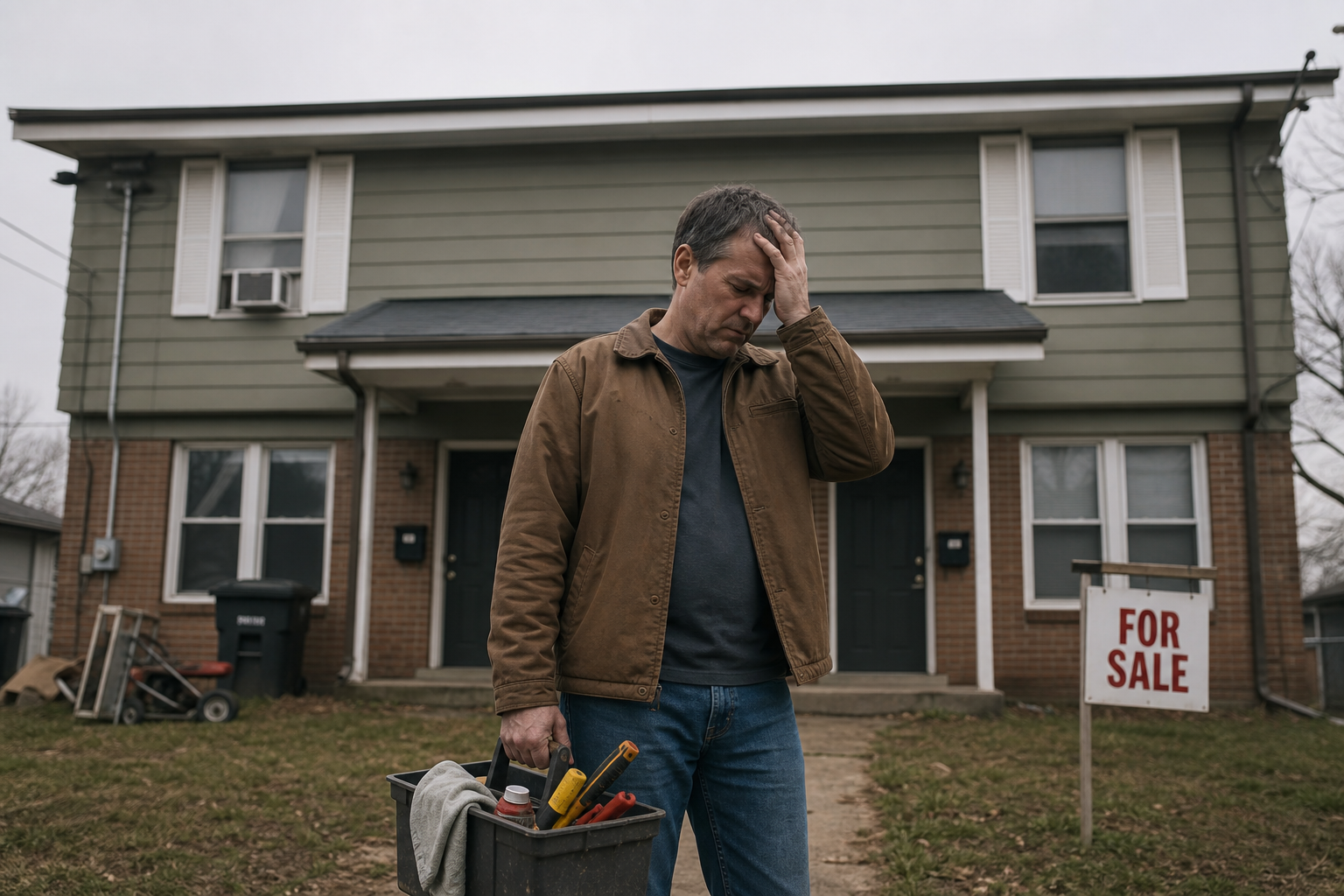 photorealistic scene of a tired property owner standing in front of a small duplex with maintenance tools, overcast sky, subtle sense of stress, 35mm lens