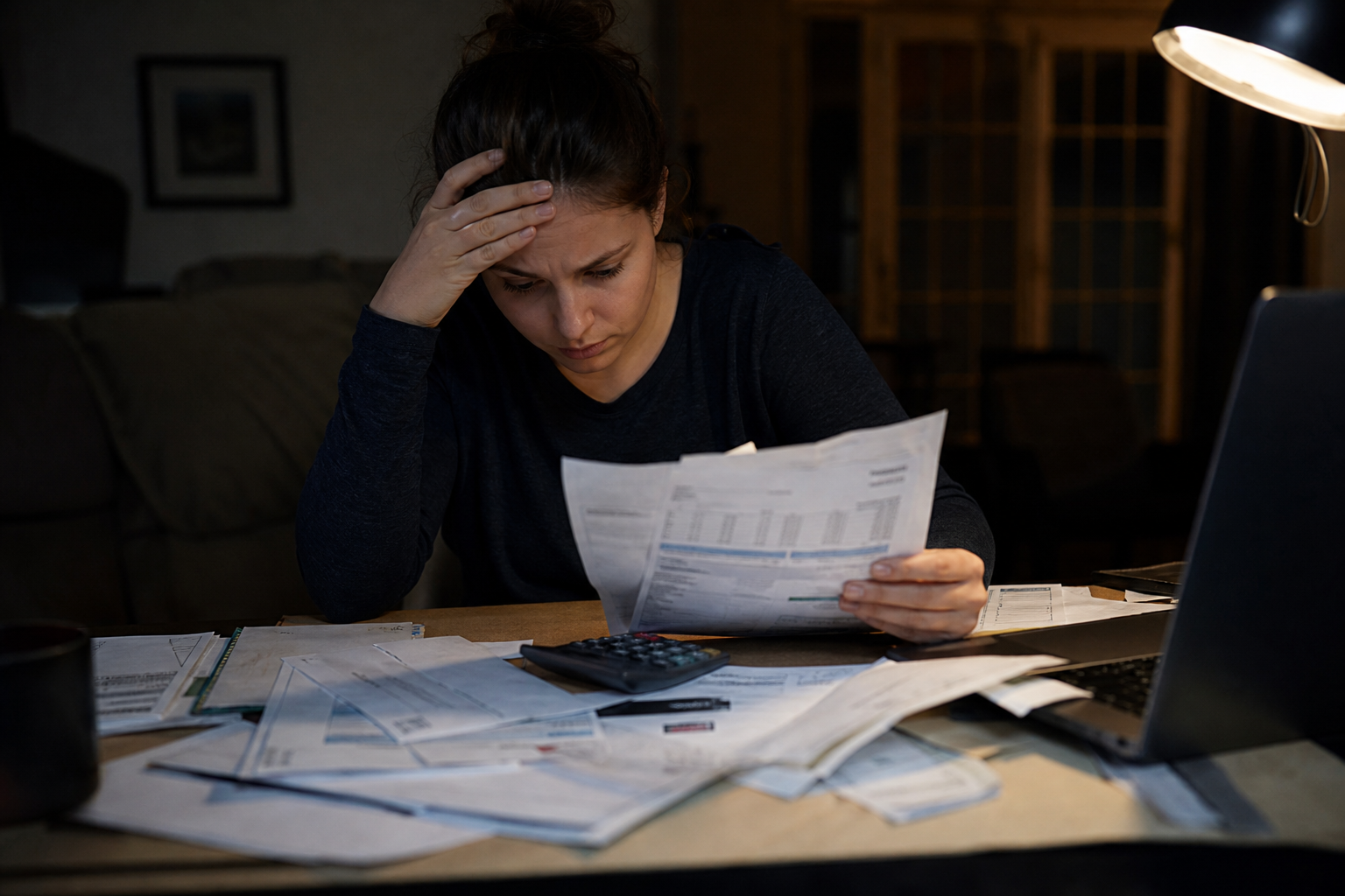 photorealistic image of a stressed homeowner reviewing bank statements and bills at night under dim lighting, calculator nearby, papers scattered