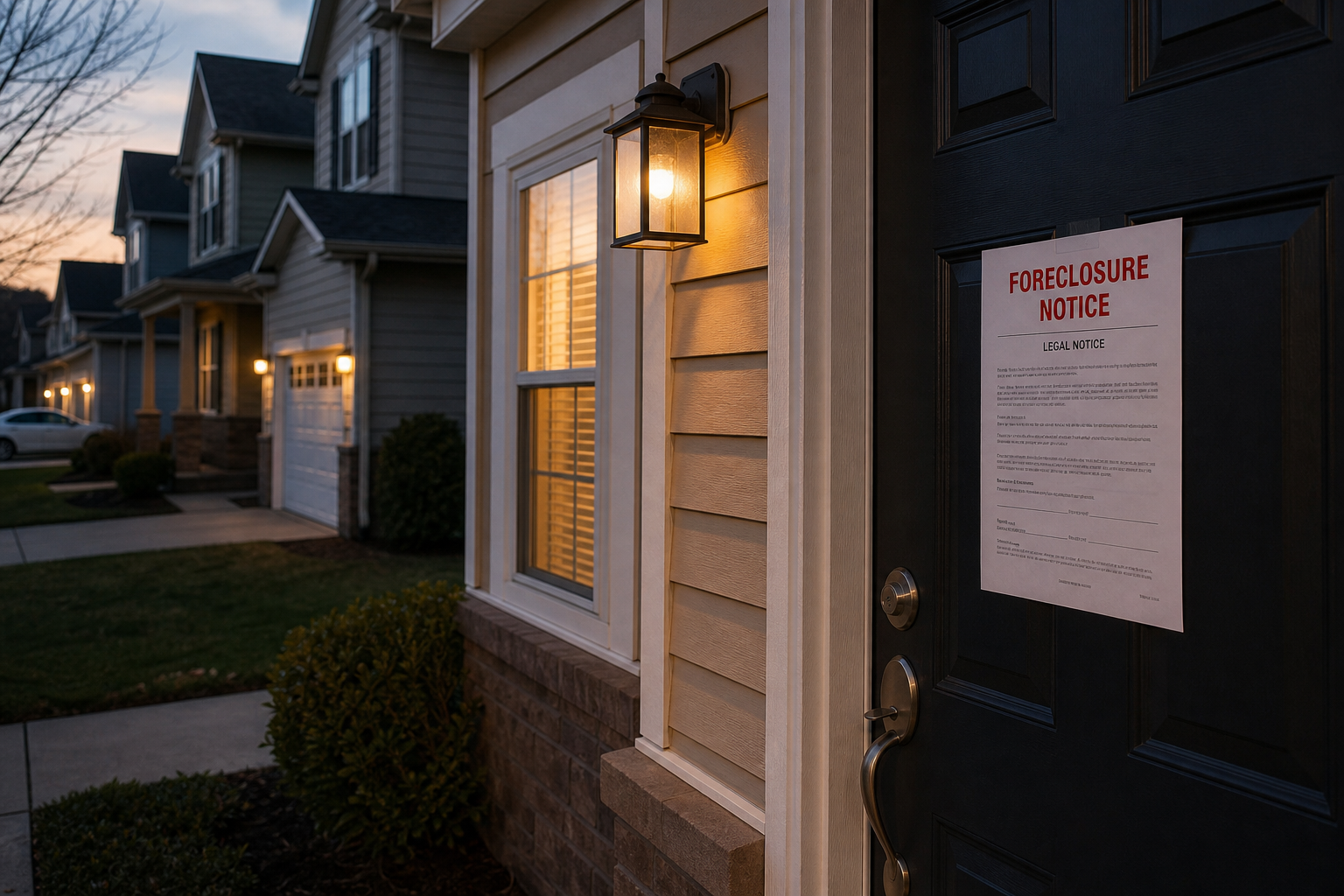 suburban home exterior at dusk with a foreclosure notice posted on the front door, soft lighting, realistic neighborhood setting, no people visible