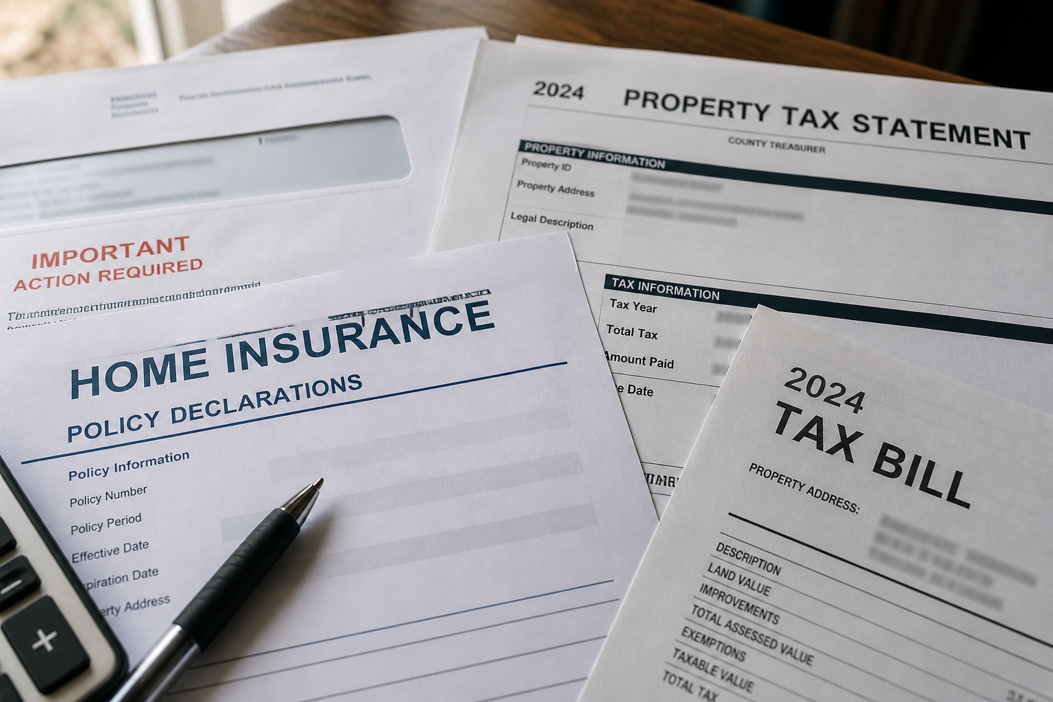close-up of home insurance paperwork and property tax documents spread on a table, natural light, realistic financial stress scene