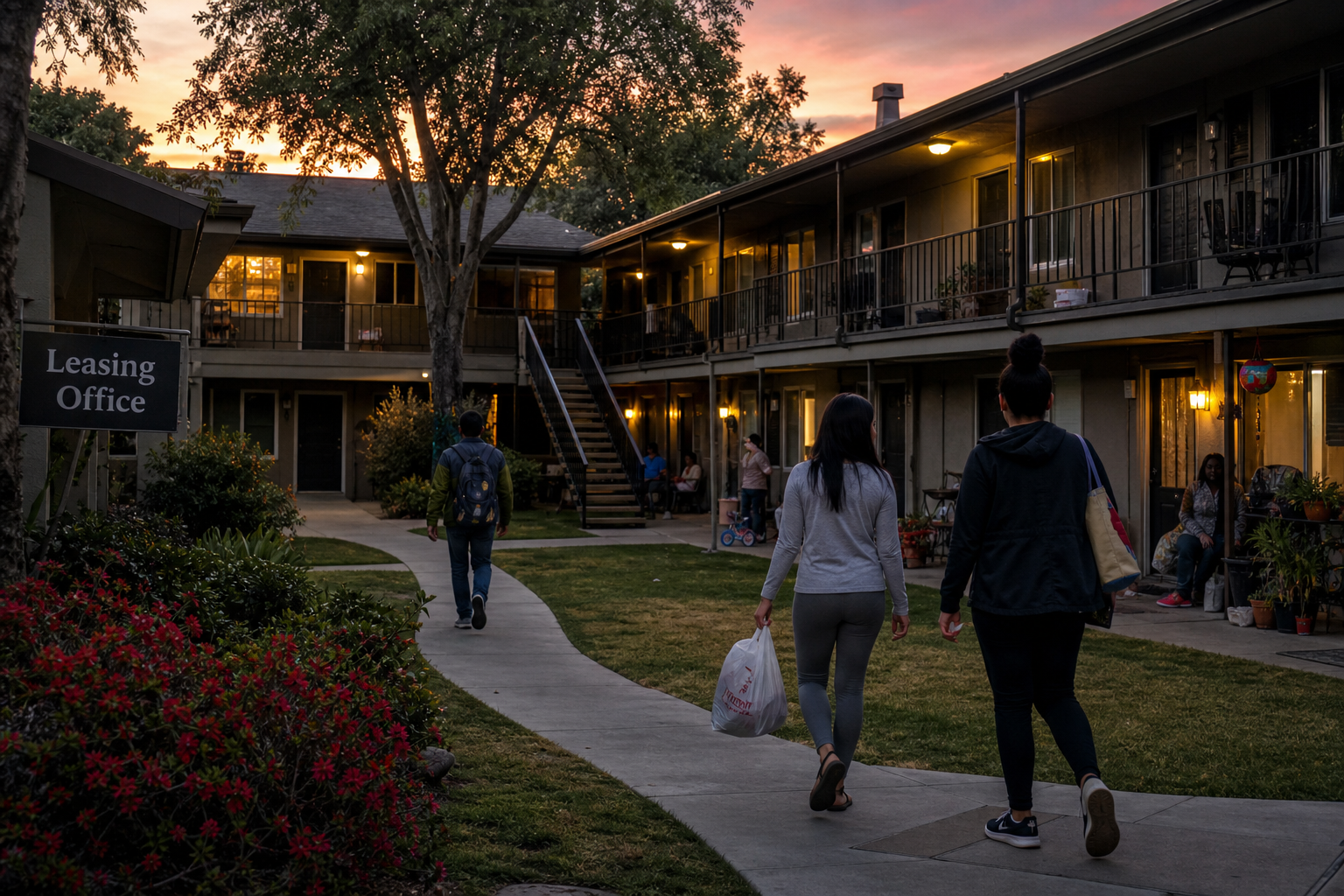 mid-distance view of a small apartment complex courtyard with tenants walking, evening light, realistic lived-in environment