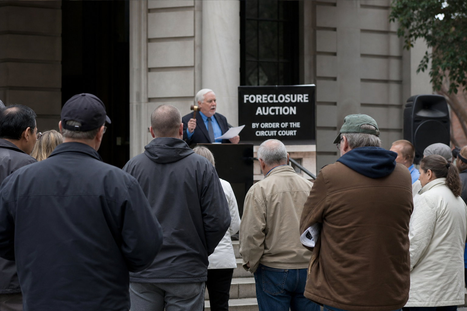 photorealistic scene of a foreclosure auction outside a courthouse with a small group of bidders, neutral tones, realistic expressions, documentary style