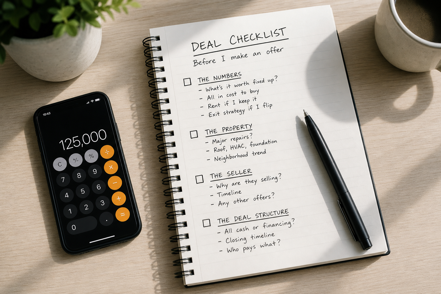 top-down view of a notebook with a handwritten checklist, pen, and a phone calculator on a clean desk, natural daylight, minimal aesthetic