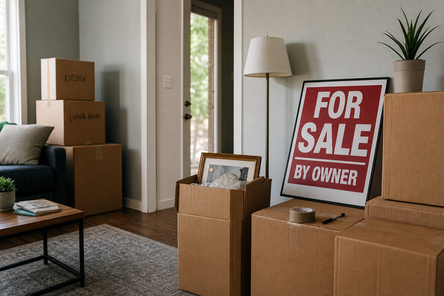 interior shot of a modest home living room with packed moving boxes and a for-sale sign leaning against the wall, natural light, realistic staging