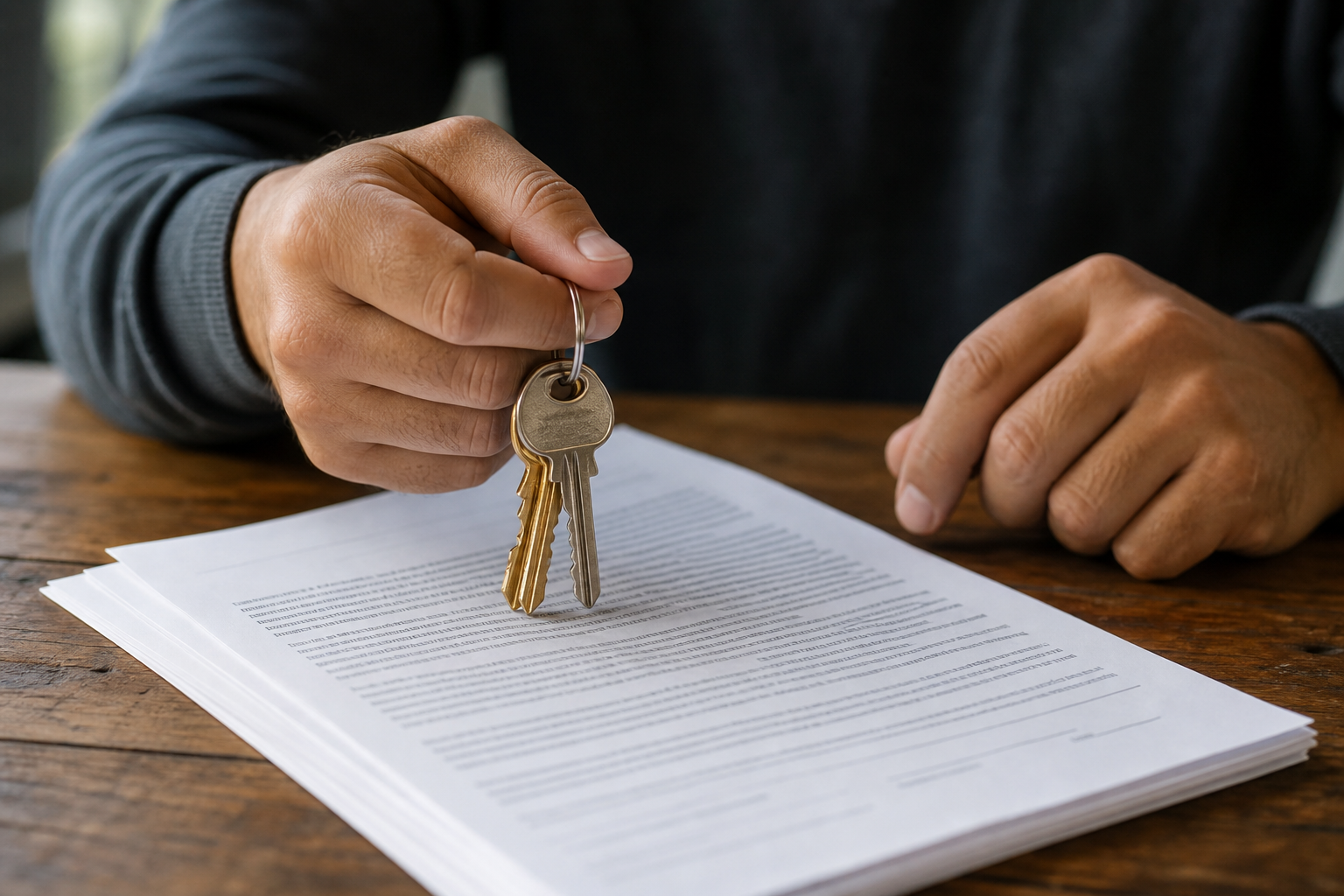photorealistic close-up of hands holding house keys over a stack of legal documents on a wooden table, natural light, shallow depth of field, no text