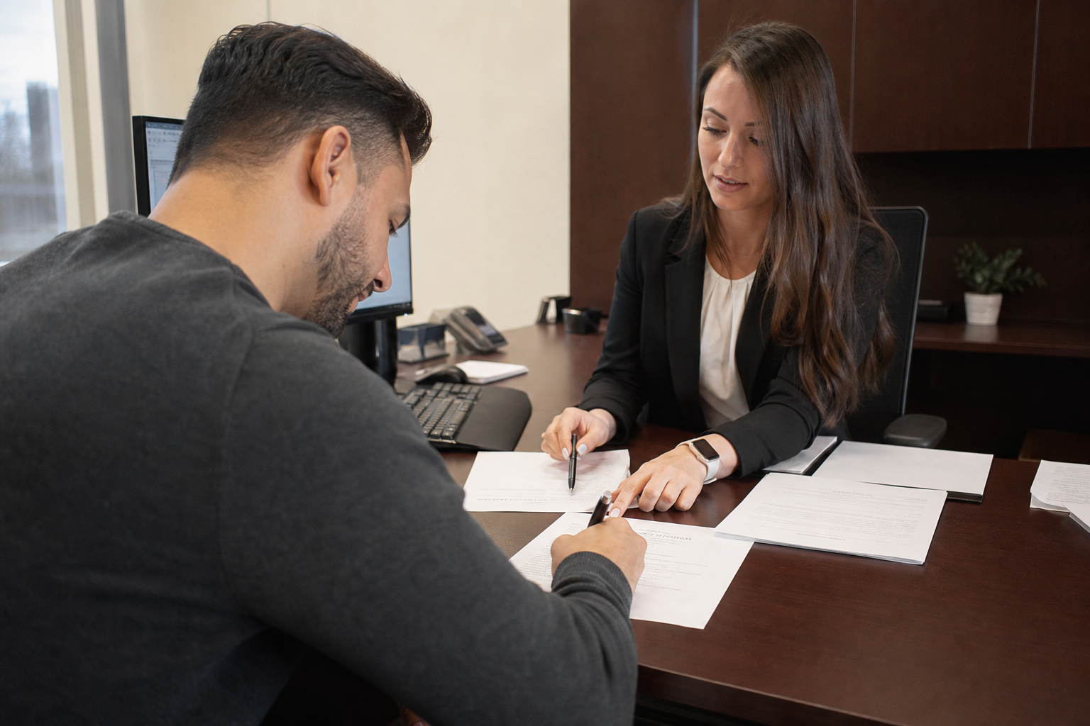 photorealistic scene of a person signing legal documents at a bank desk with a loan officer across from them, neutral office lighting, paperwork spread out, no logos