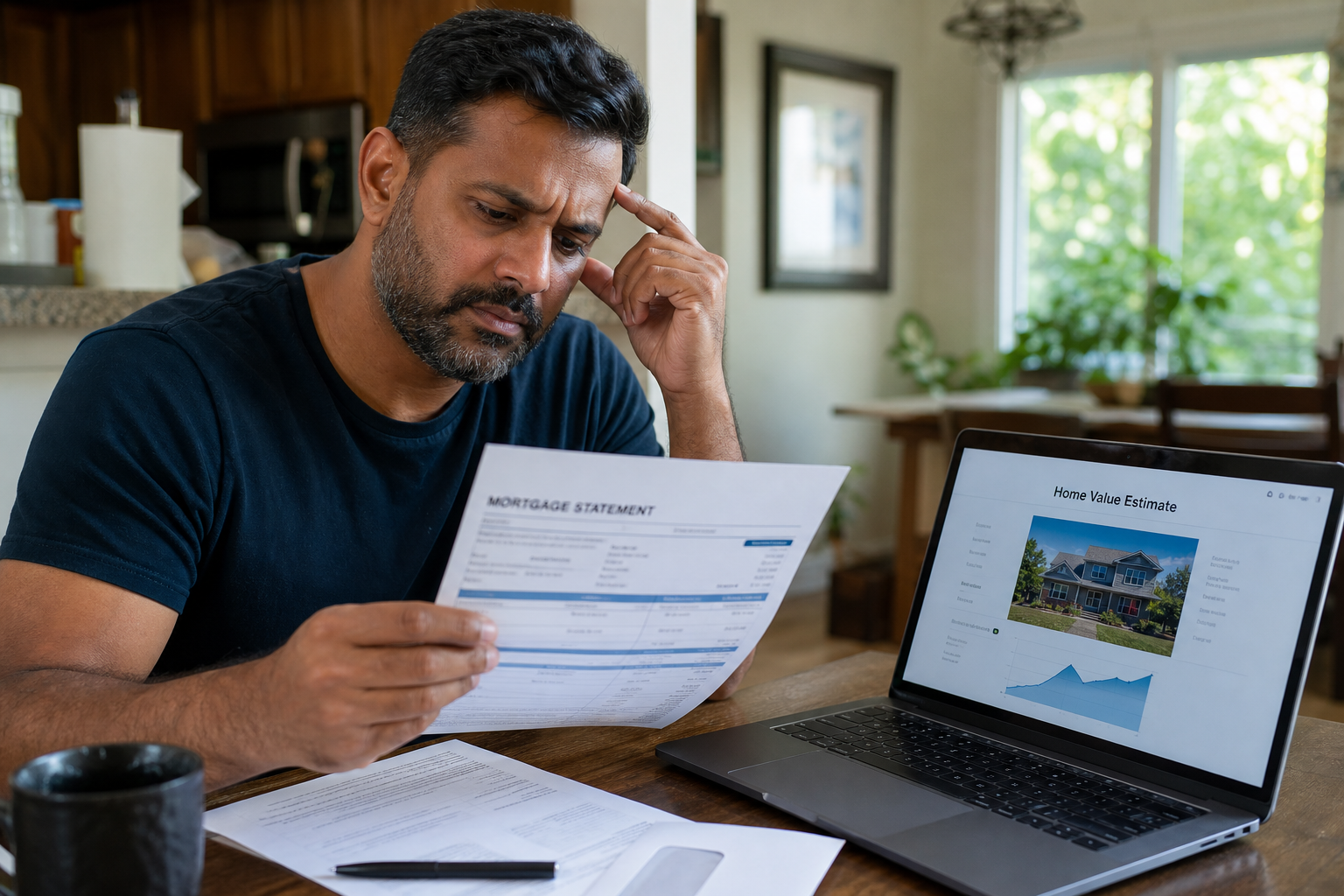 person sitting at kitchen table reviewing mortgage statement and laptop showing home value estimate, natural lighting, realistic candid scene, no text overlays