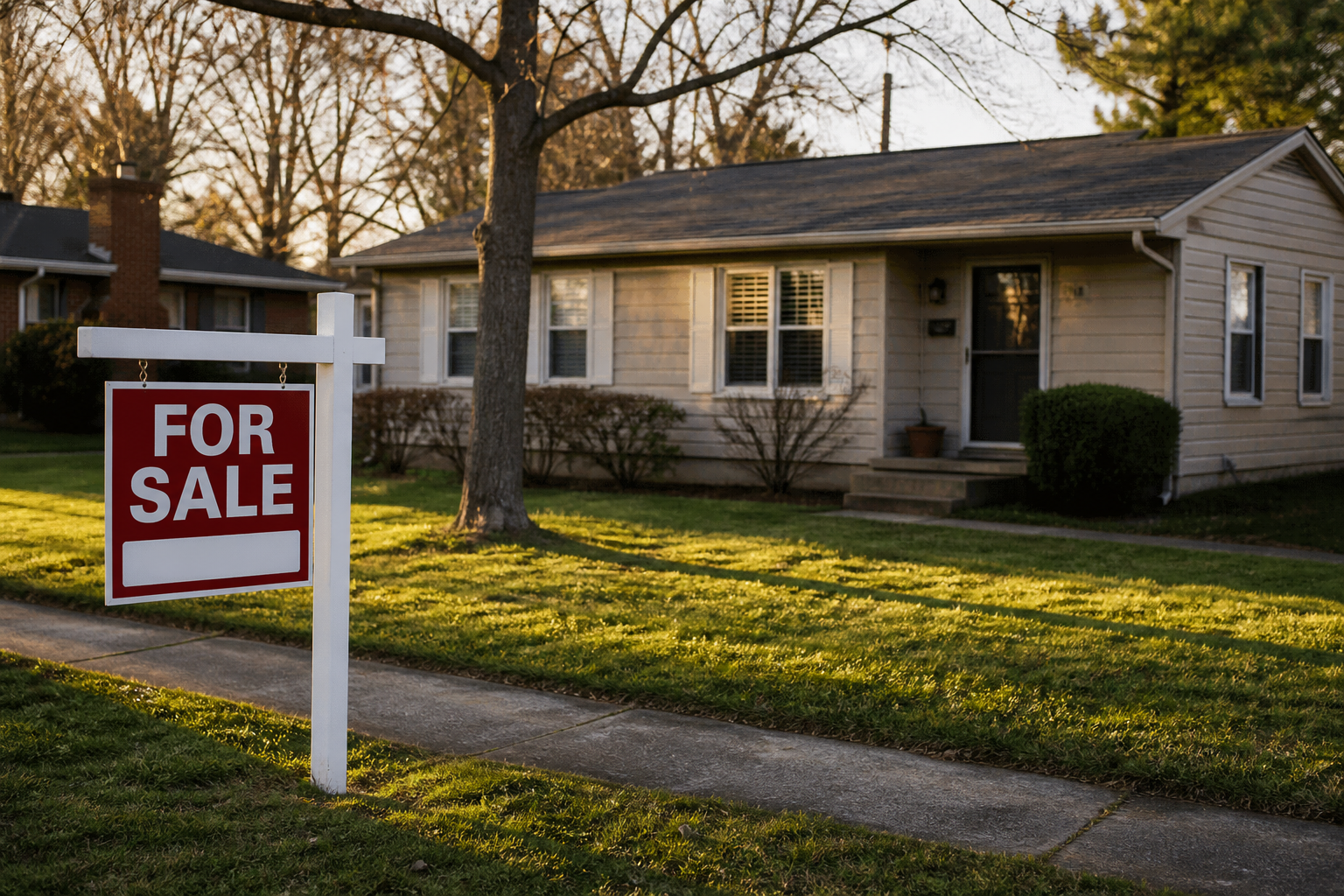 photorealistic exterior of a modest suburban home with a for sale sign in the yard, late afternoon light, quiet neighborhood, no branding