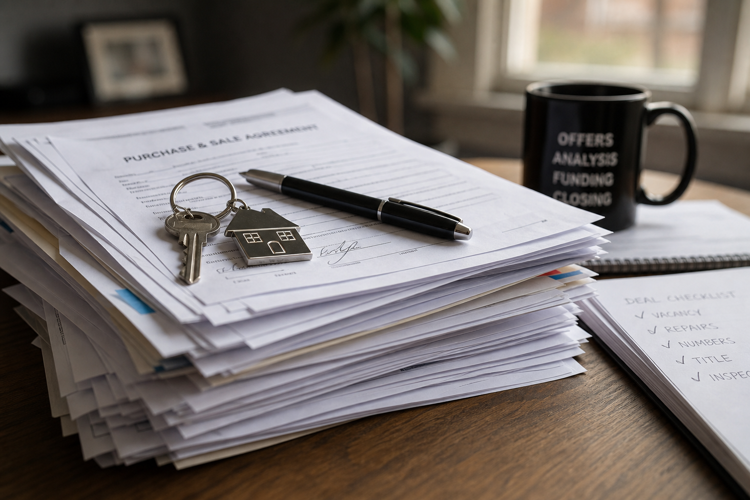 stack of paperwork on a desk with a house key and pen, representing a complex approval process, natural office lighting, realistic scene