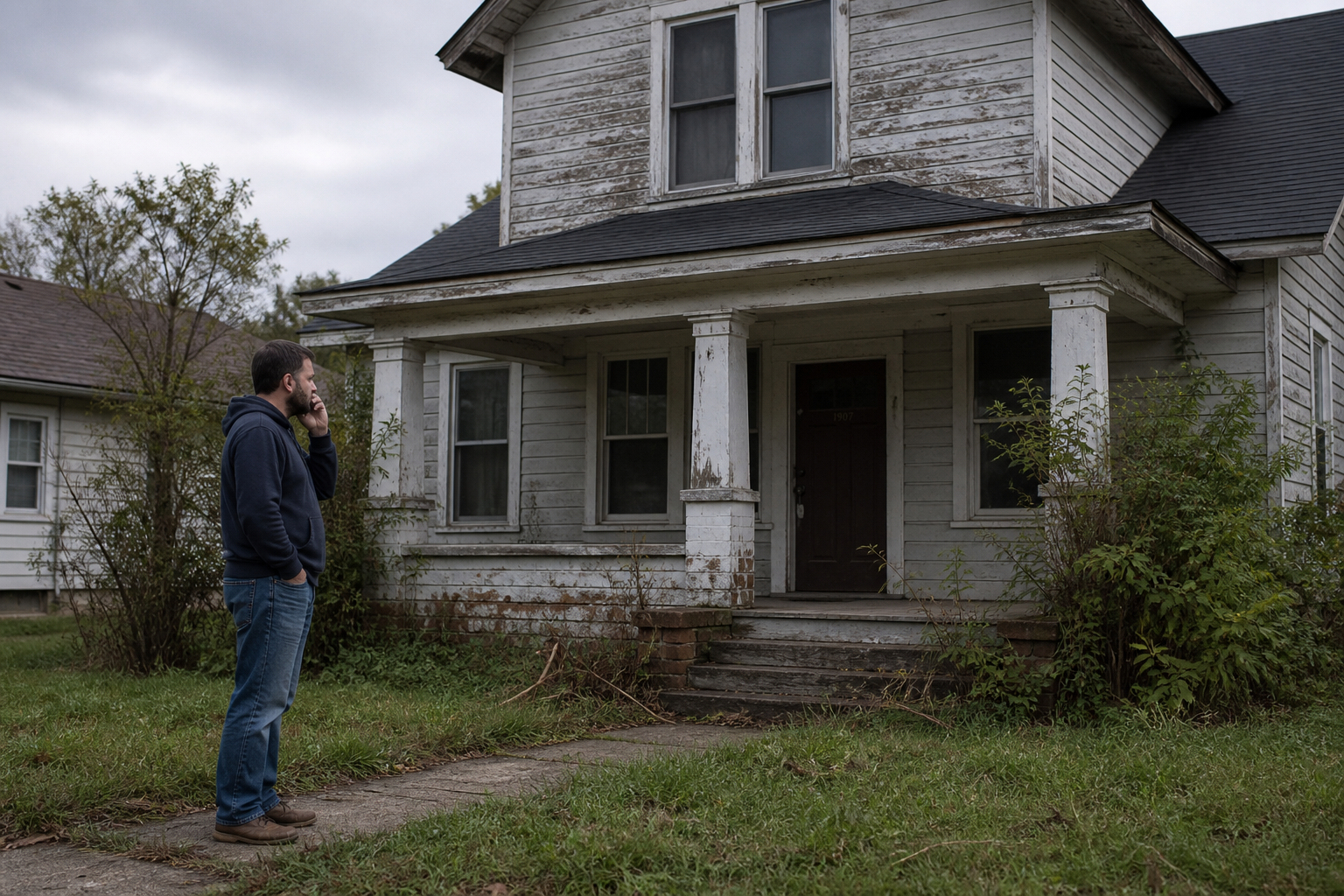 photorealistic scene of an older home needing repairs, peeling paint and overgrown yard, with a person standing outside on the phone looking concerned, overcast lighting