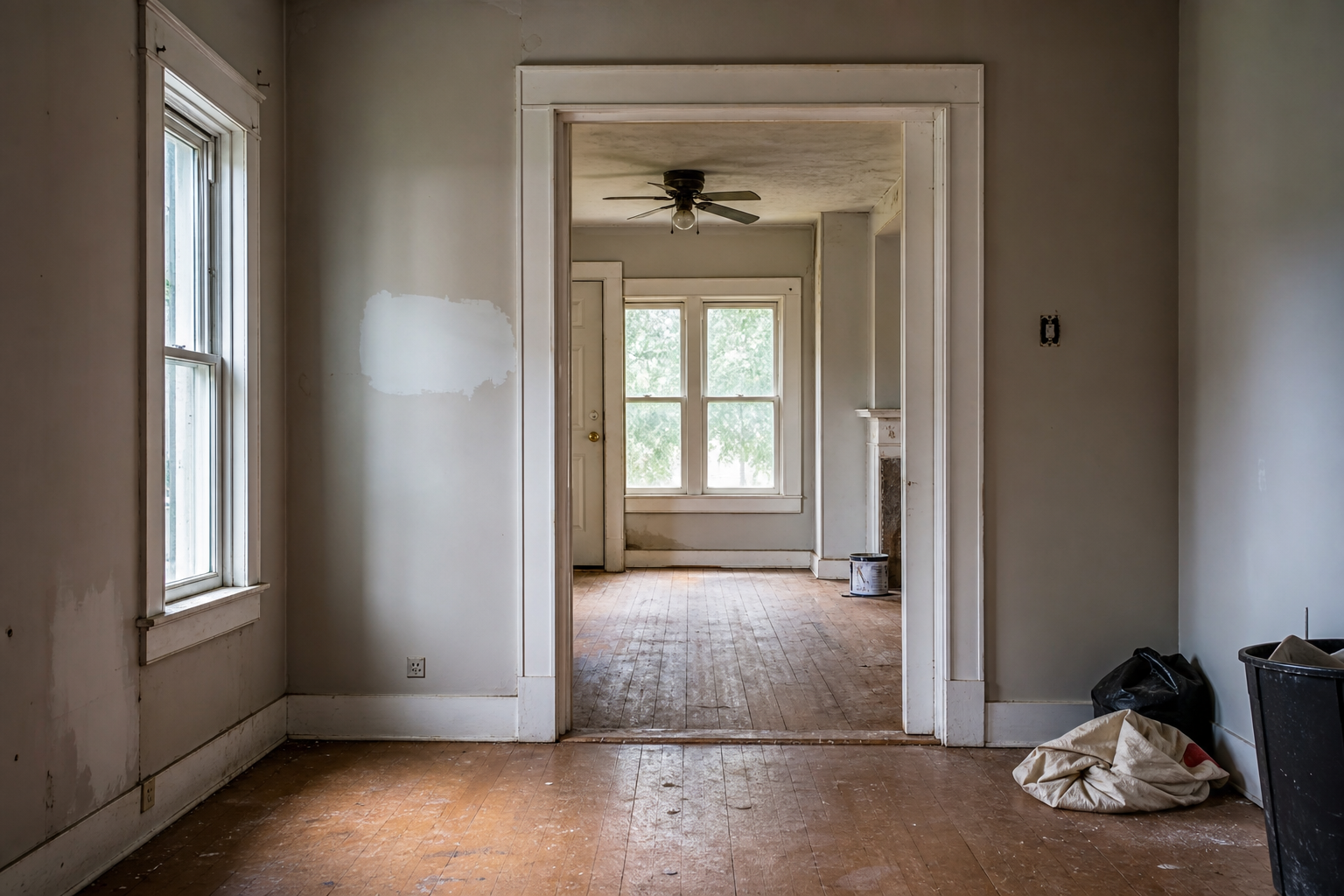 empty house interior with subtle signs of wear, soft natural light, conveying ongoing cost and waiting, no text overlays